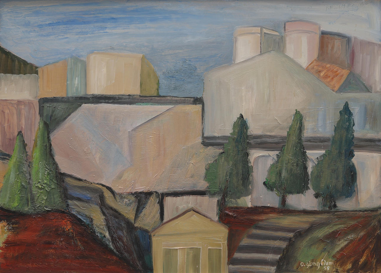 OIDENTIFIERAD KONSTNÄR. oil on panel, composition of urban environment, signed, dated 1955.
