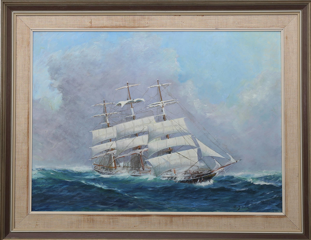 OIDENTIFIERAD KONSTNÄR. Marin med fullriggare, olja på pannå. Bär signatur E J:son.