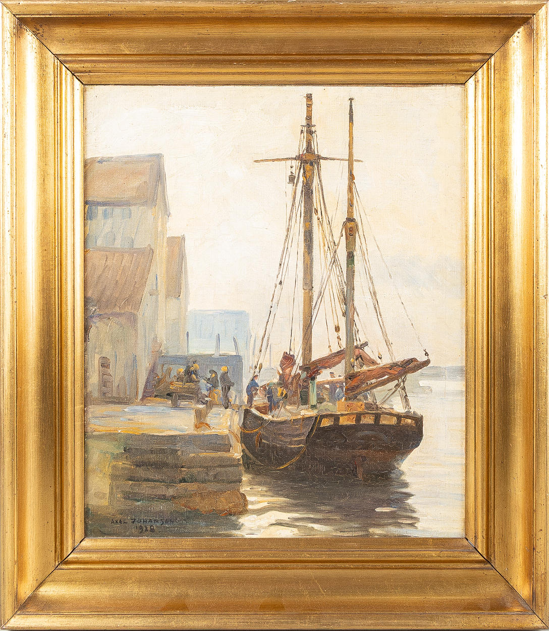 AXEL JOHANSEN (DANMARK, 1872-1938). Ship in port, oil on canvas.