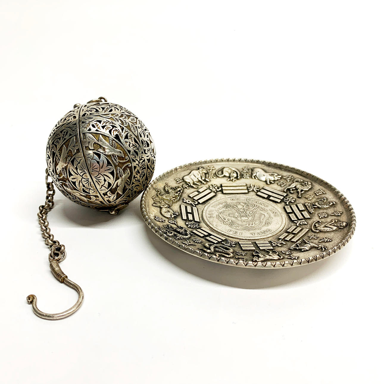 CHINESE WHITE METAL DISH & POMANDER.