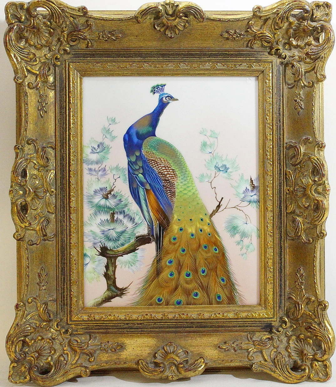 OIDENTIFIERAD KONSTNÄR. handmålad på kakelplatta, påfågel, signerad átergo, Buemgärtel, Heinrich.