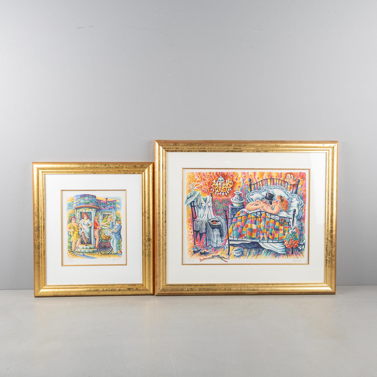 MAY K LEON (FÖDD 1945). Figure scenes, 2 pieces, lithographs.