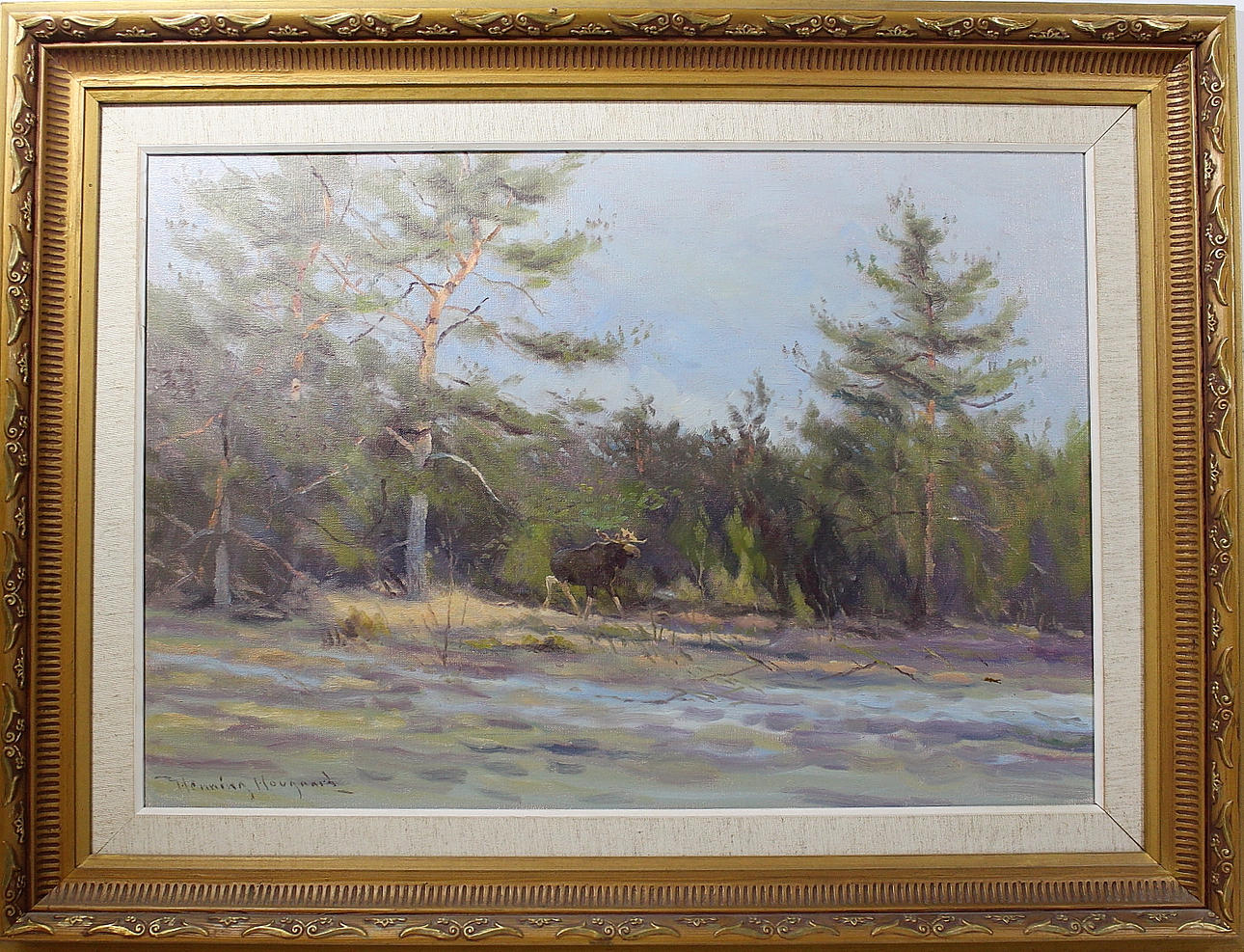 HENNING HAUGARD. olja på duk, älg vid vattenbrynet, signerad.