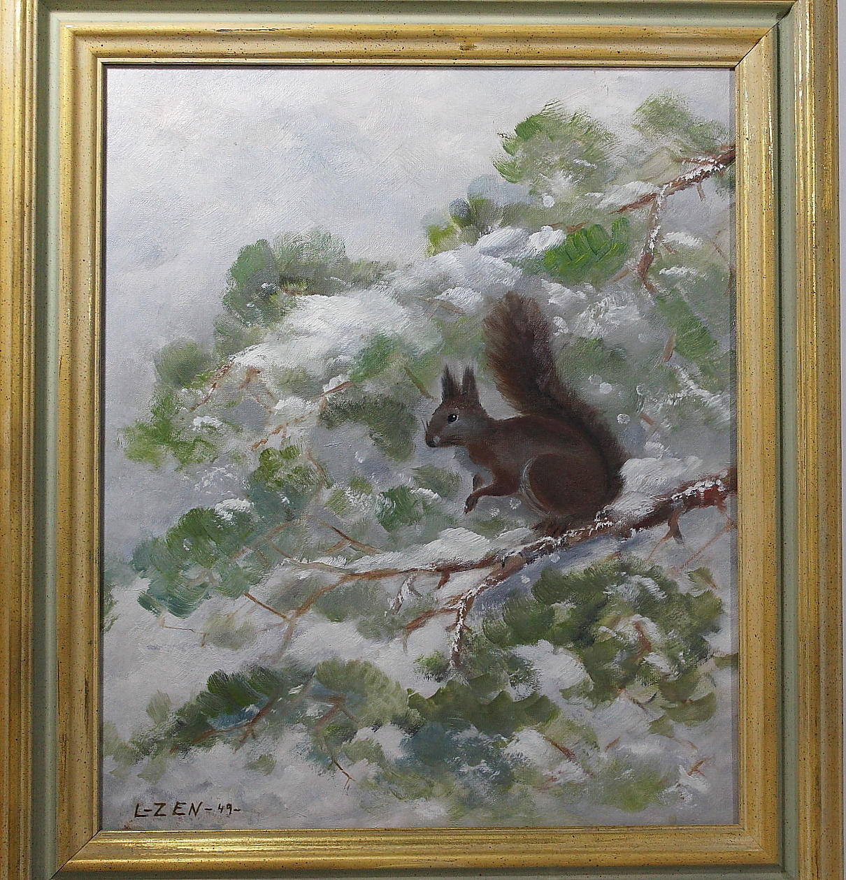 OIDENTIFIERAD KONSTNÄR. olja på duk, ekorren, signerad L-ZEN- 49.