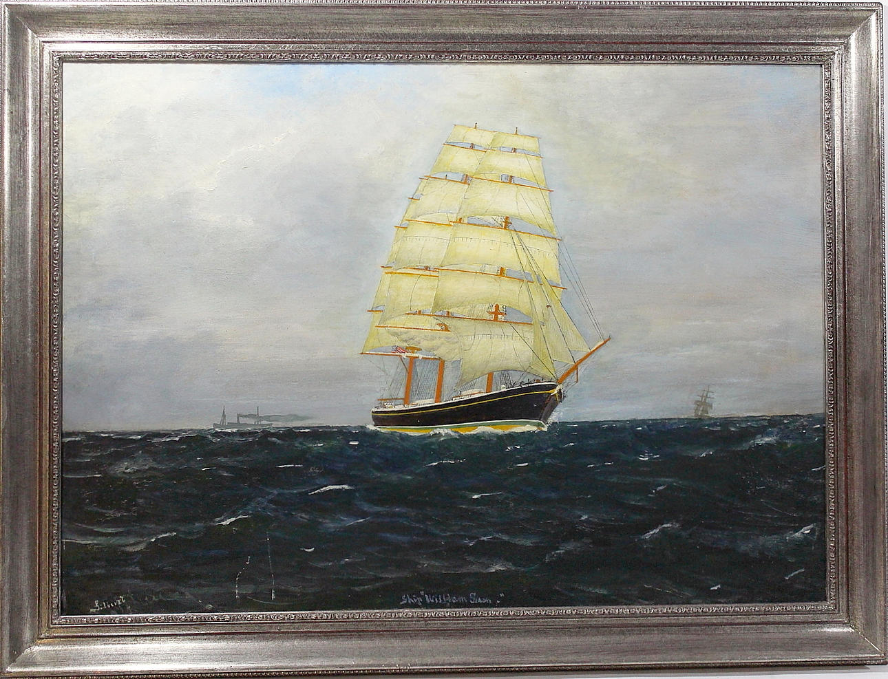 OIDENTIFIERAD KONSTNÄR. olja på pannå, "Ship William Sibor " signerad.