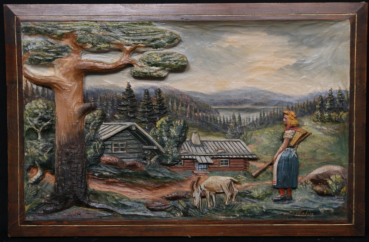 RELIEVE MURAL, madera tallada y pintada, motivo de Norrland, firmado S ...