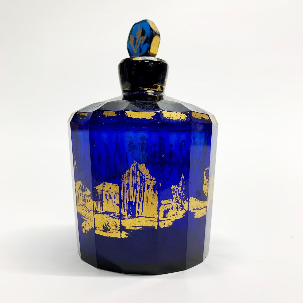 19THC FÖRGYLLD BRISTOL BLÅ GLAS PARFYMFLASKA.