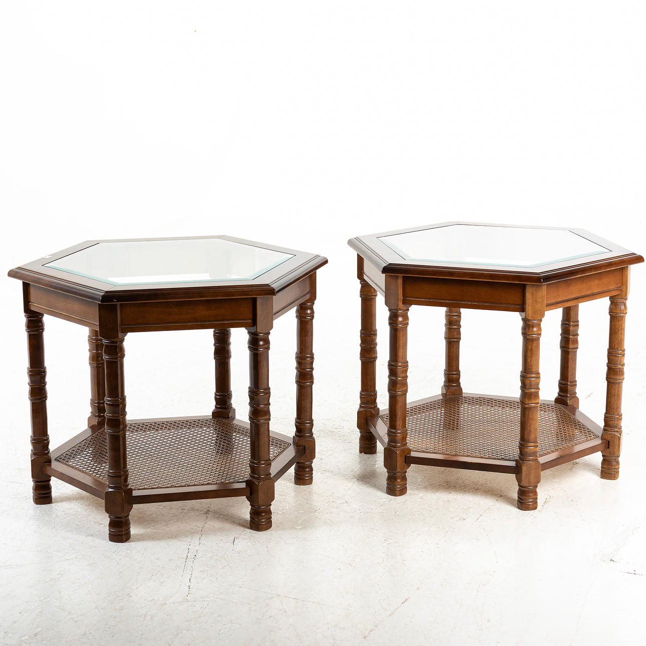 SIDE TABLE, a pair, rattan & glass.