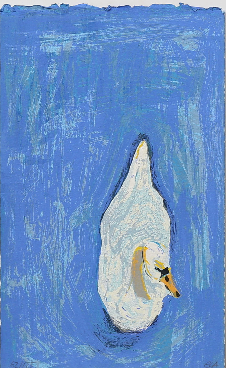 ELKE LEISCHEN ANDERSSON. Komposition med and, färglitografi, signerad ELA och numrerad 62/125.