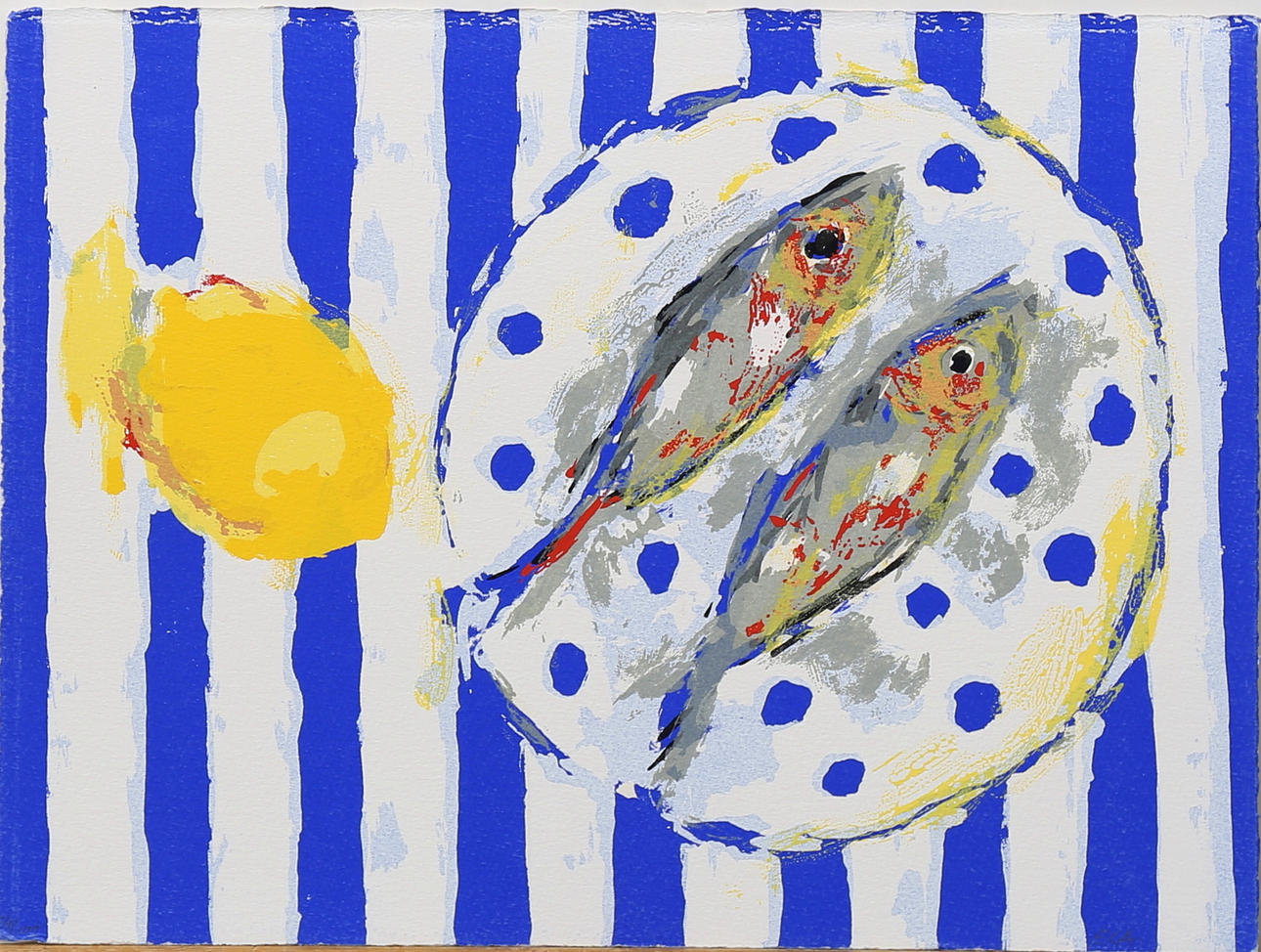 ELKE LEISCHEN ANDERSSON. Stilleben med sill, färglitografi, signerad ELA och numrerad 54/100.