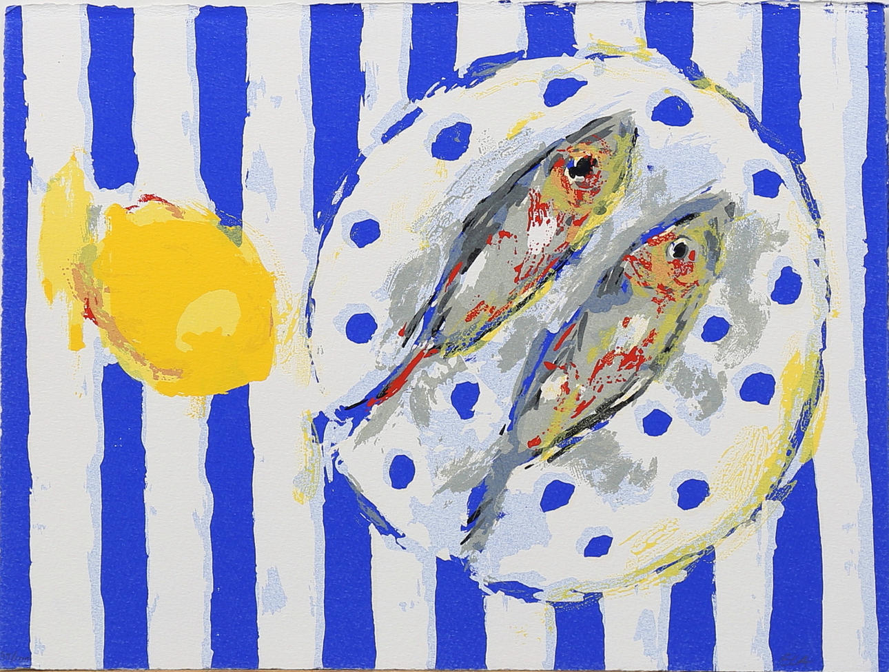 ELKE LEISCHEN ANDERSSON. Stilleben med sill, färglitografi, signerad ELA och numrerad 55/100.