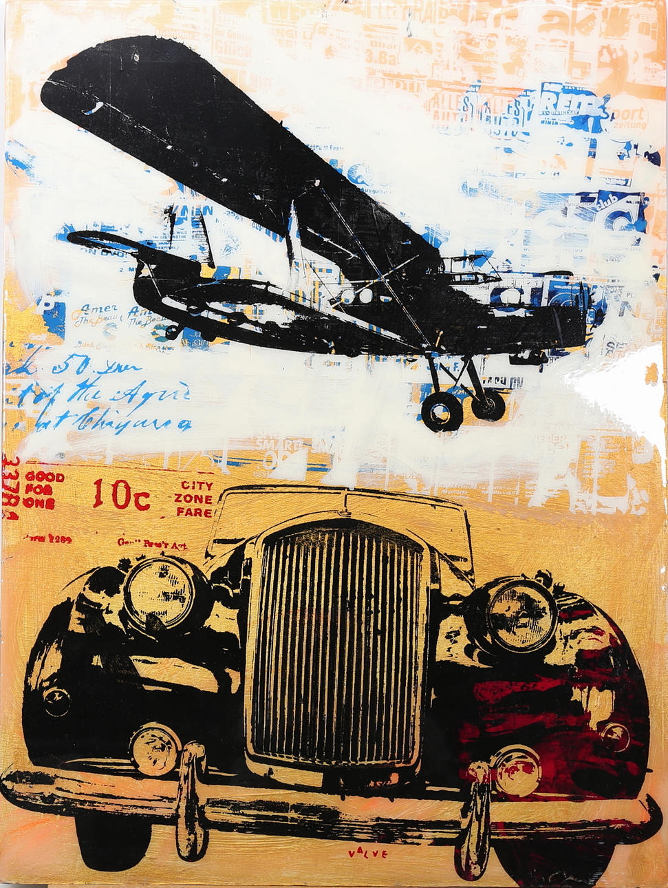 KARL VALVE. komposition med veteranbil och flygplan, Media, signerad och daterat i verket 2012.