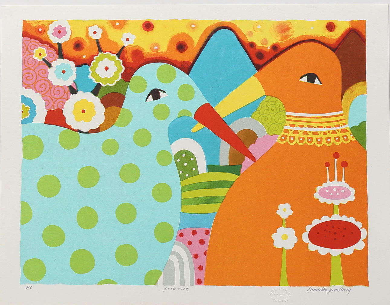 CHARLOTTA SANDBERG. "Picknick", färglitografi, signerad och numrerad HC.