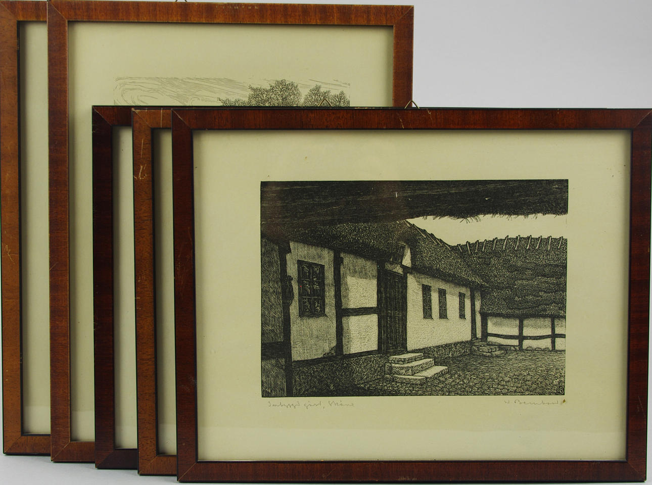 WALDEMAR BERNHARD. Motiv från Skåne och Småland, 5 träsnitt, signerad W. Bernhard.