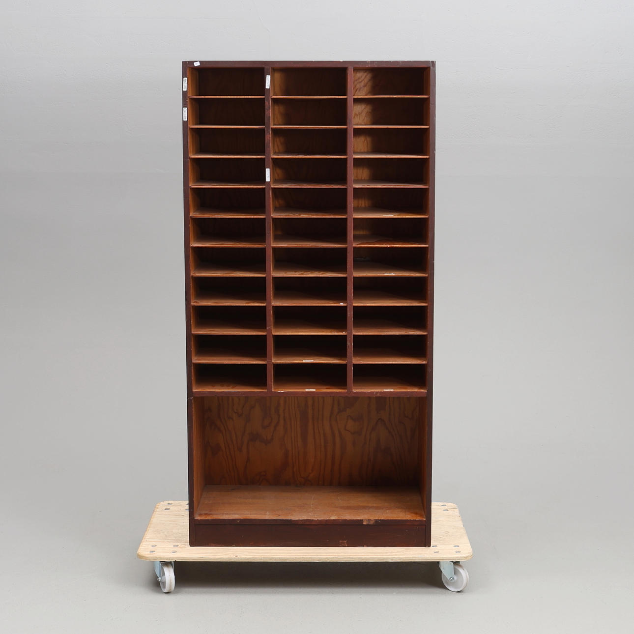 ARCHIVE SHELF/MAIL SORTING SHELF. 33 compartments, wood.