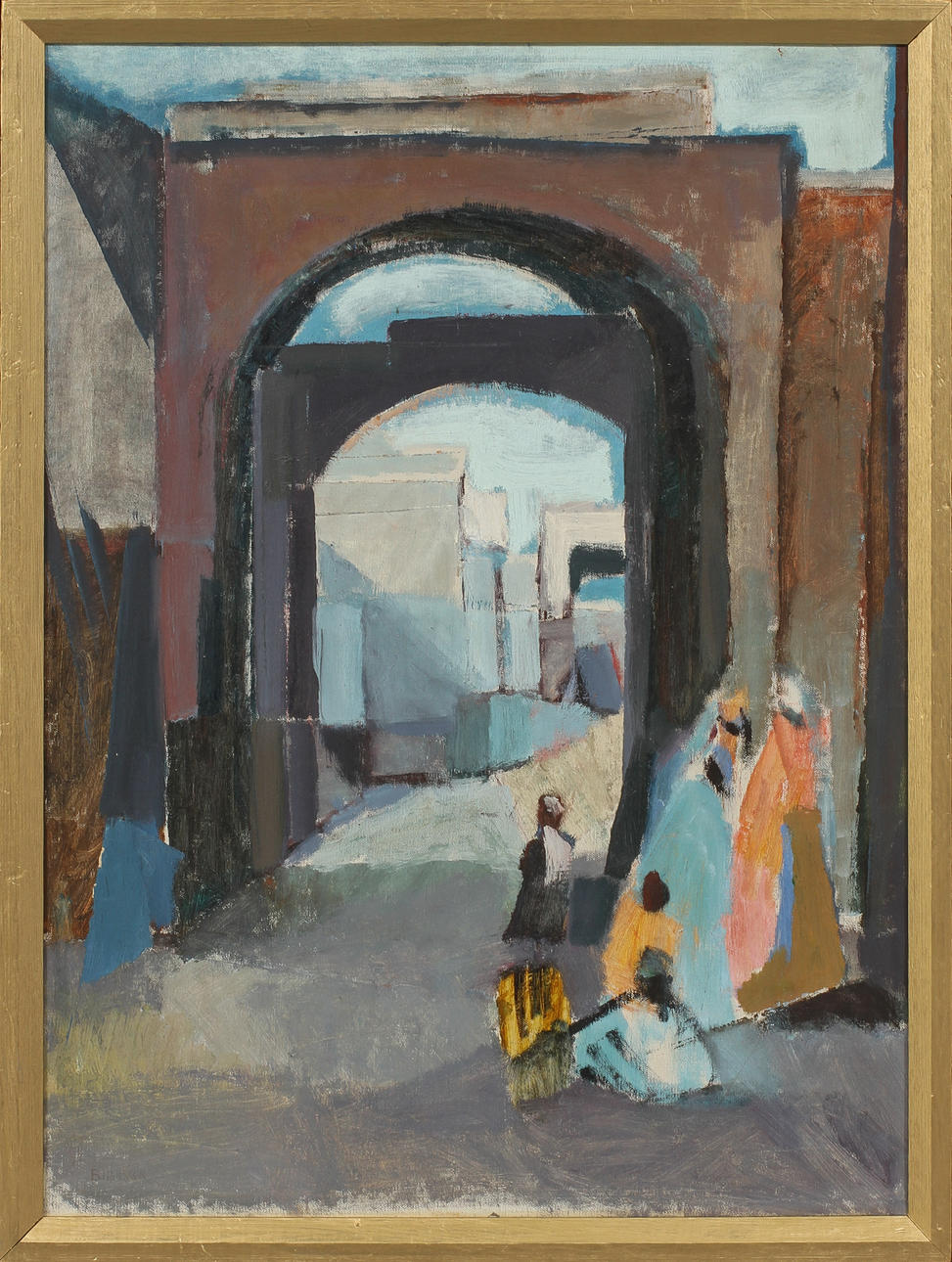 BRITA HANSSON. Figurer vid portal. Olja på duk, signerad.