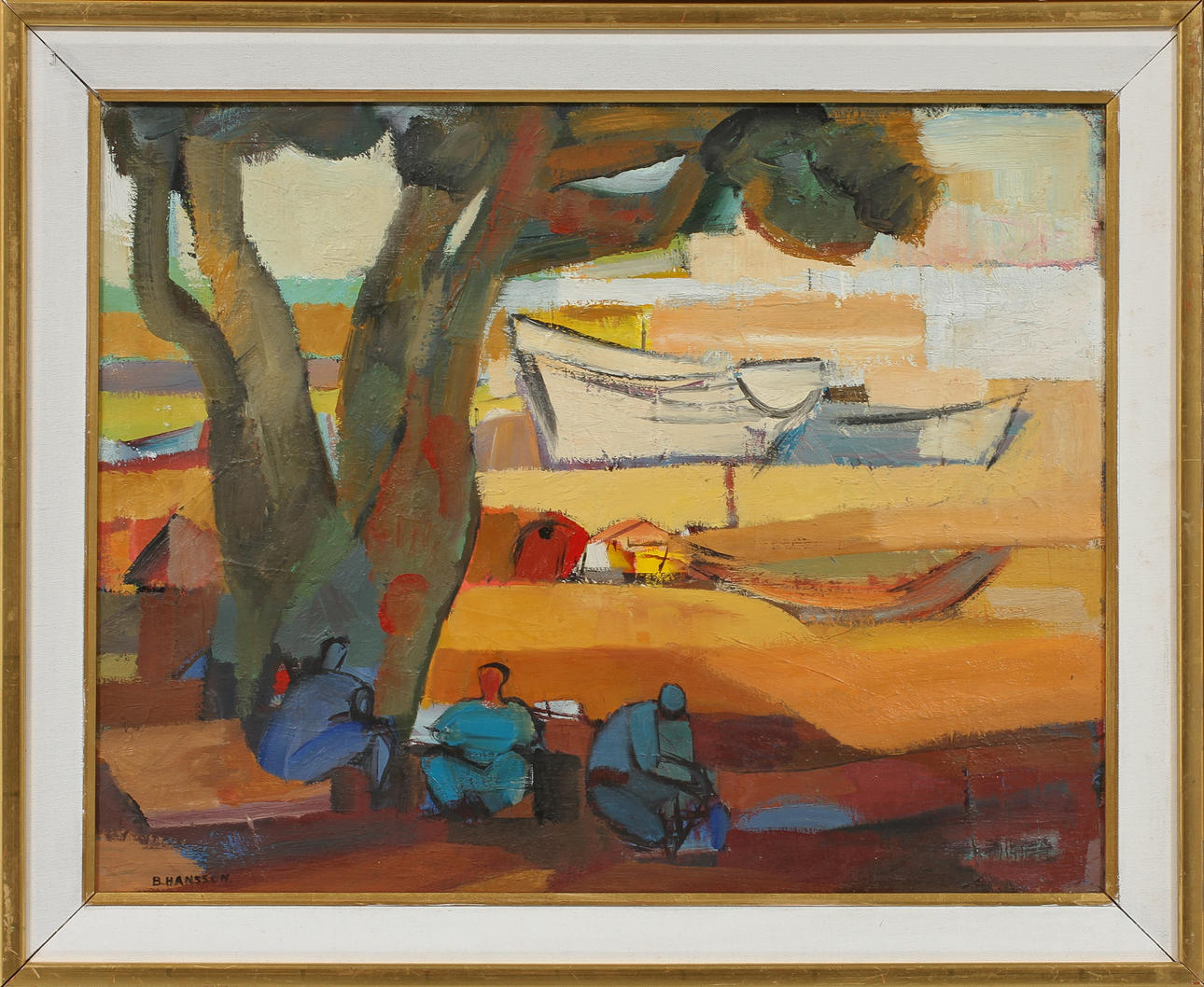 BRITA HANSSON. Kustvy med figurer och båtar. Olja på papper, signerad.