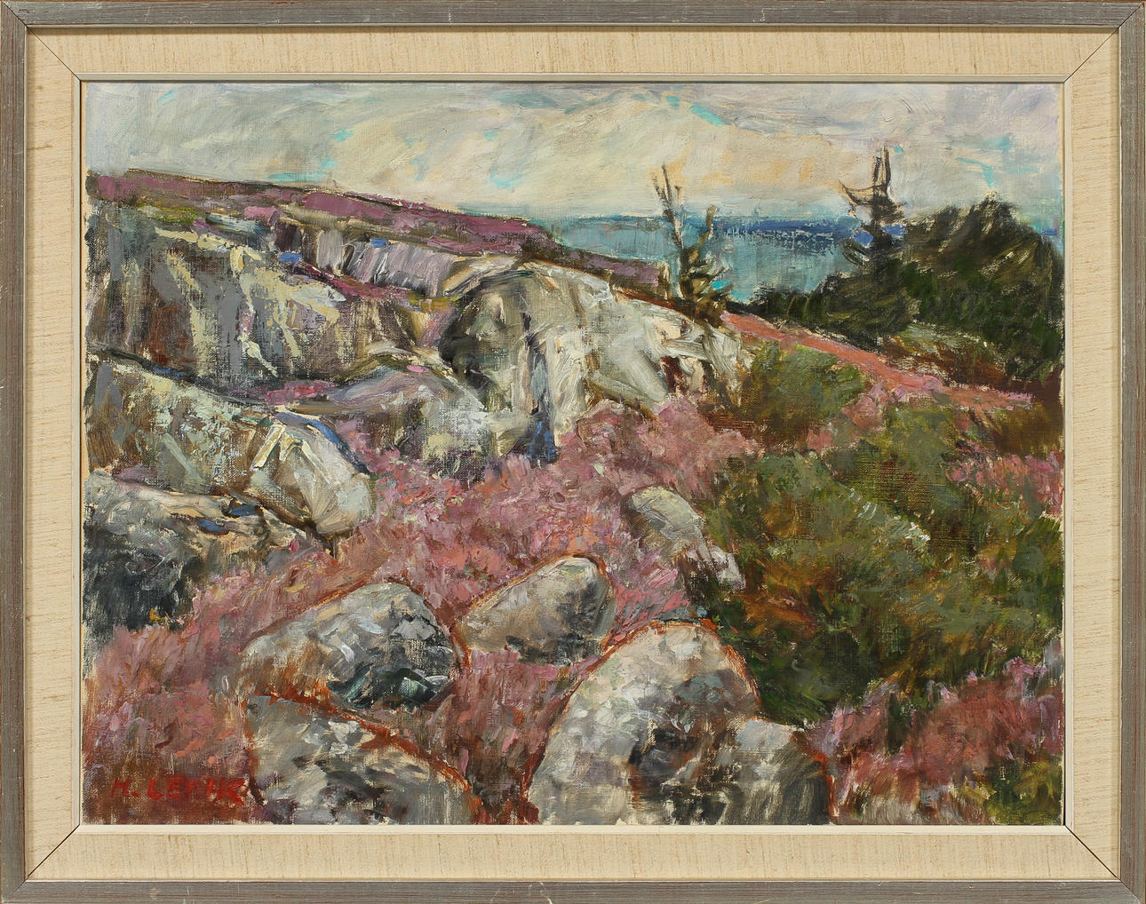 HUGO LEPIK. Blommande ljung på Bohuskusten. Olja på duk, signerad.