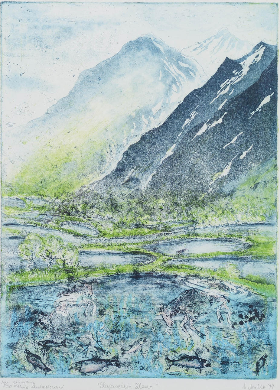 LENA NALLO. “Rapaselets Elgar”, partly hand coloured etching, numbered 14/30, signed, dated 79.