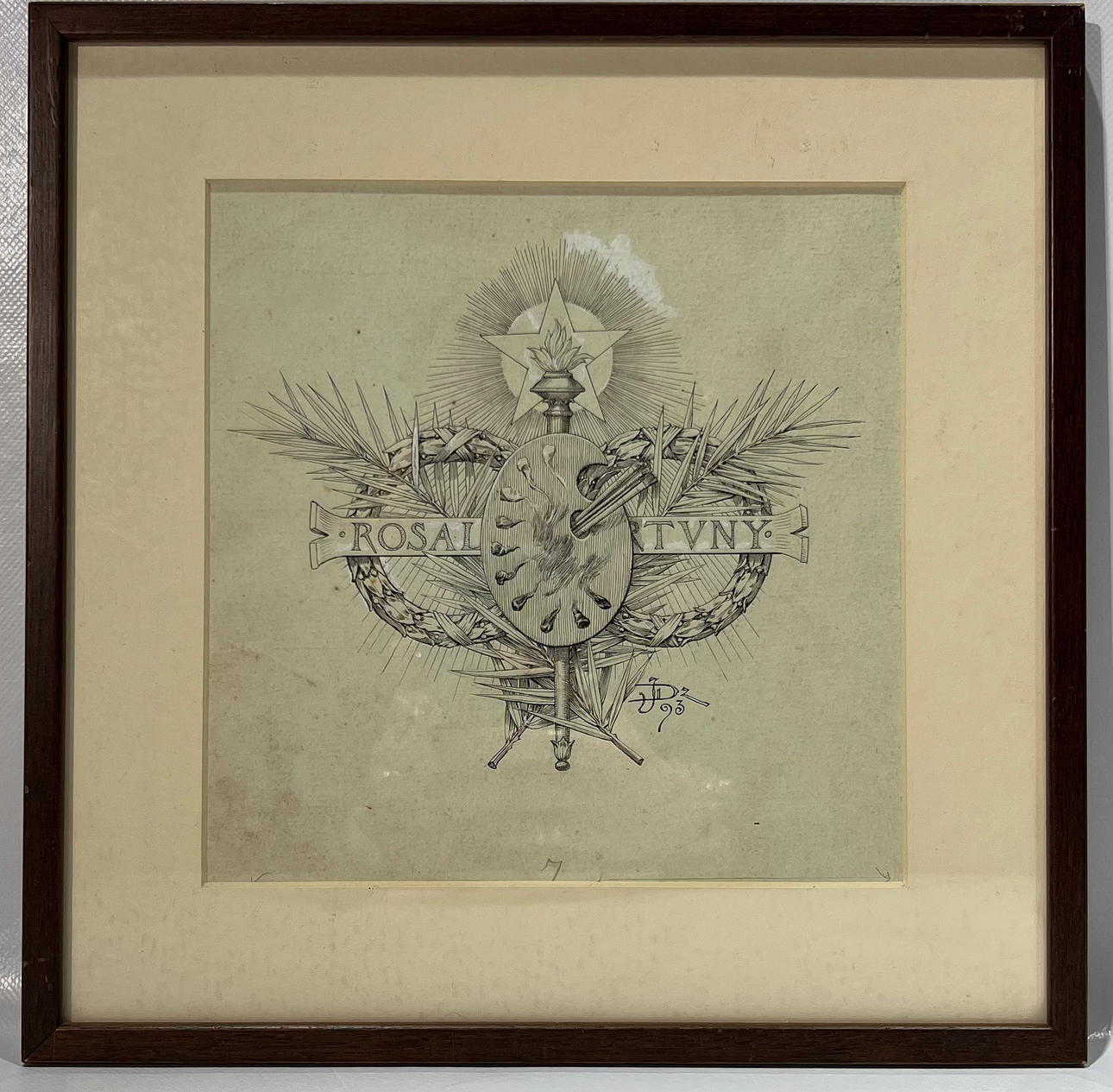 JOAQUÍN DIÉGUEZ DÍAZ. Emblem in honor of Fortuny and Rosales, pen and clary touches on paper.
