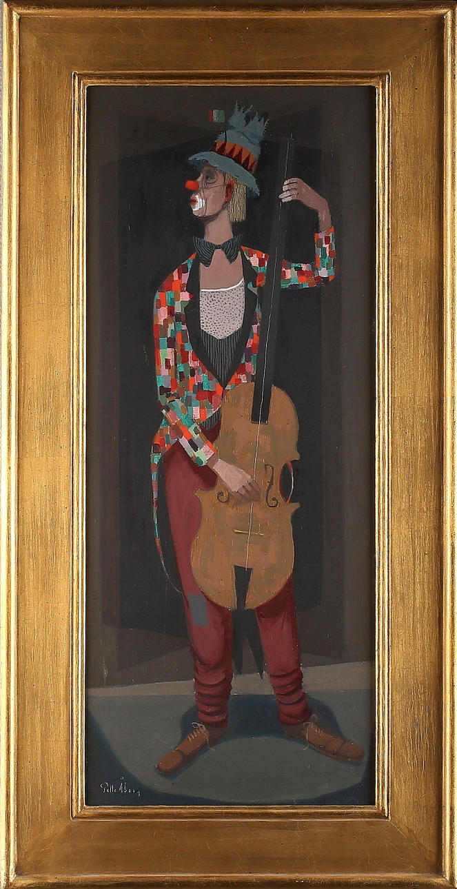 PELLE ÅBERG. Clown med musikinstrument, olja på pannå, signerad.