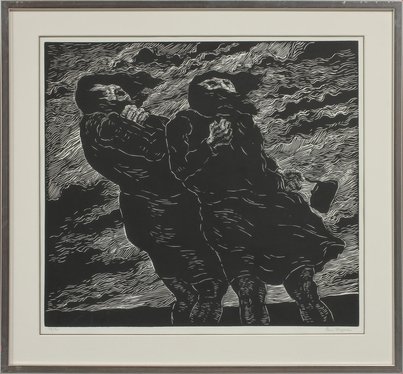 RUNE HAGMAN. Två figurer i vind, linoleumsnitt, sign o numr 26/90.