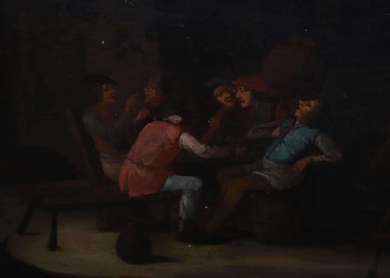 ATTRIBUTED TO ADRIAEN VAN OSTADE. oil on oak panel, tavern interior. unsigned.