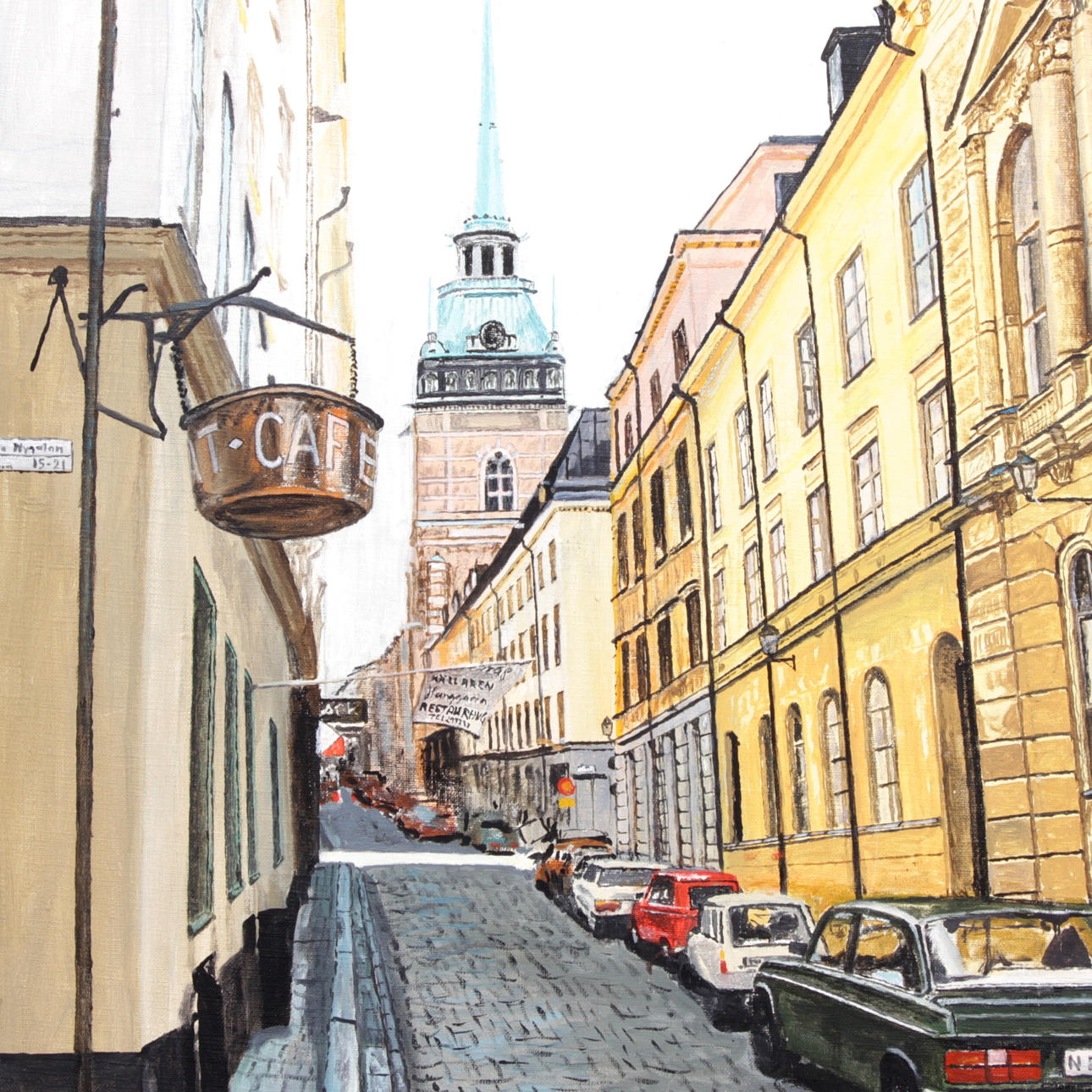 OIDENTIFIERAD KONSTNÄR. Olja på duk, stadsgränd, signerad BoP-85.