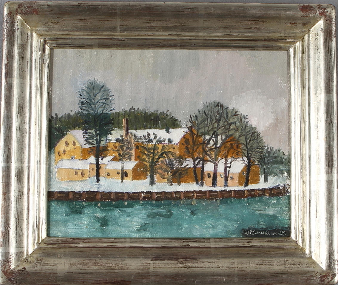 HARRY WICHMANN. Byggnader vid vatten, olja på pannå, signerad samt daterad -80.