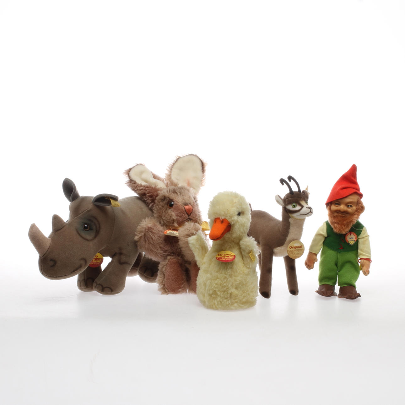 STEIFF, 5 st, bland annat noshörning "Nosy" samt docka "Lucki", 1950 - 1970-tal.