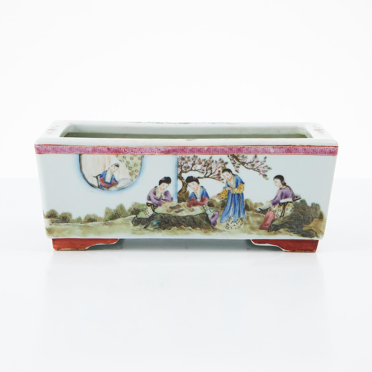 Chinese porcelain incense sticks, mid 20th century, rectangular shape, polychrome decoration of figurine scene, on paws, seal mark.