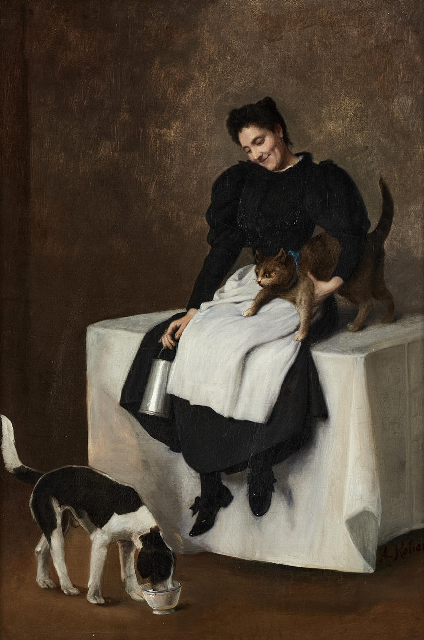 ALEXANDRE ROBERT (1817-1890): Girl with dog and cat, signed A Roberts, oil on canvas.