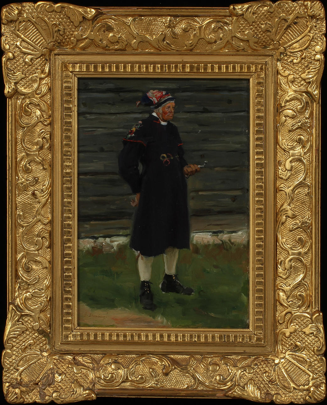 EMERIK STENBERG. äldre man i folkdräkt, olja på pannå, signerad.