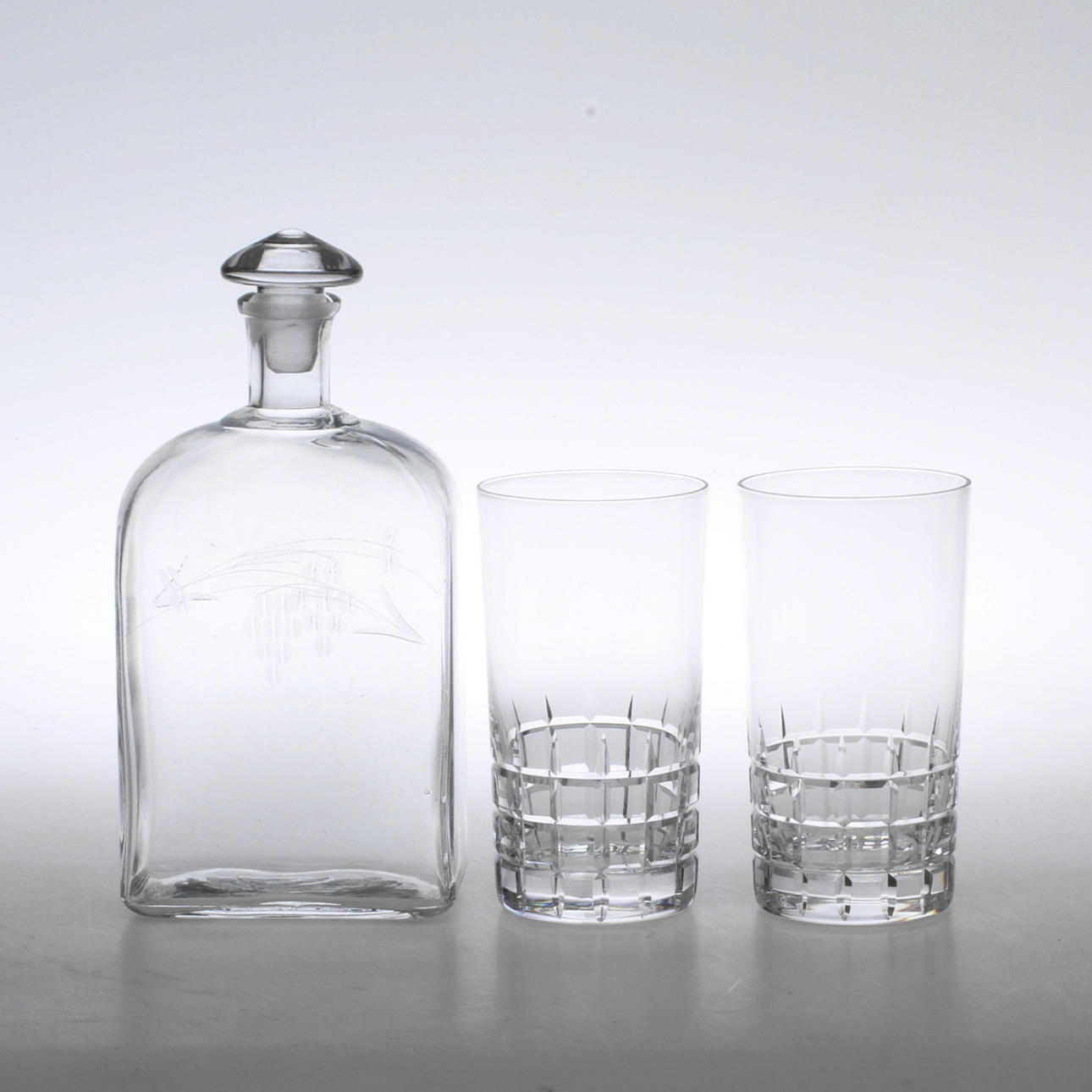 GROGGLAS, 6 st, "City", Vicke Lindstrand, Kosta, samt KARAFF, 1900-tal.