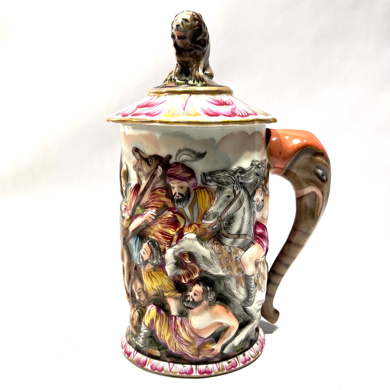 Capodimonte porcelain jar with epic scene.