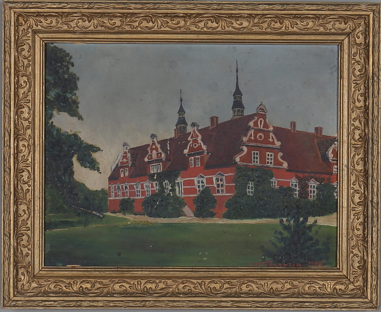 OKÄND KONSTNÄR. Olja på duk, Vrams Gunnarstorps slott, signerad och daterad M. Wetterling 1918.