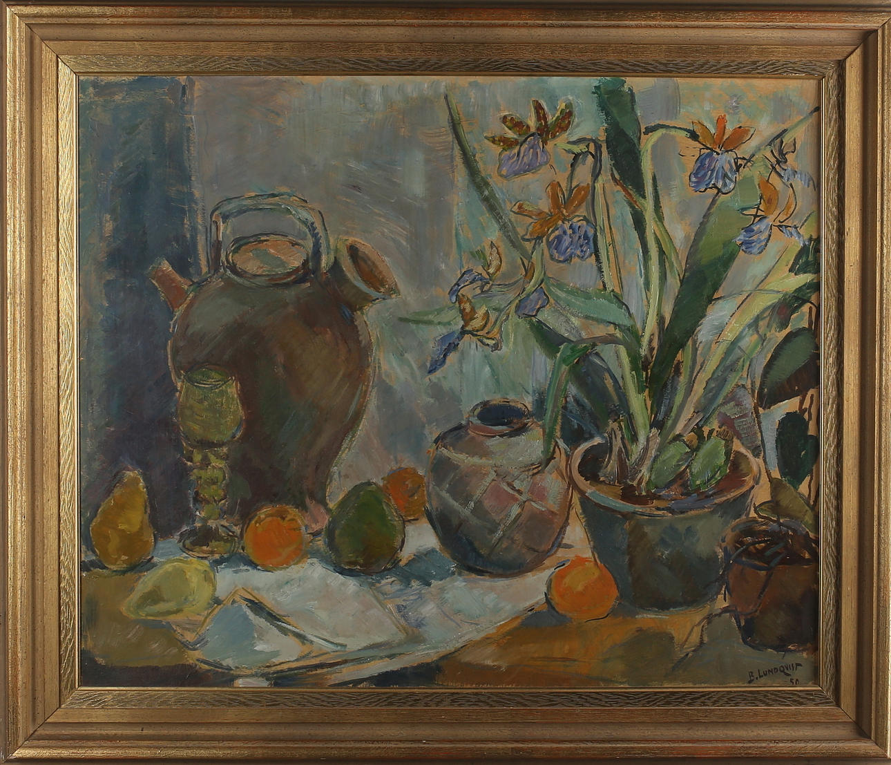 BERTIL LUNDQVIST. Stilleben, olja på masonite, signerad samt daterad 50.