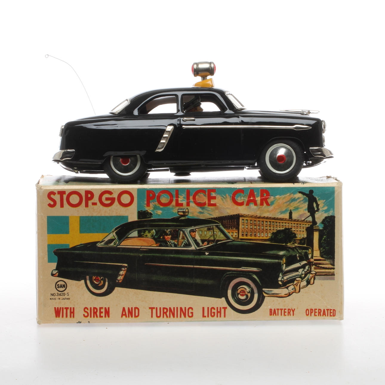 MARUSAN svensk polisbil i plåt. STOP-GO POLICE CAR, batteri. Originalkartong.