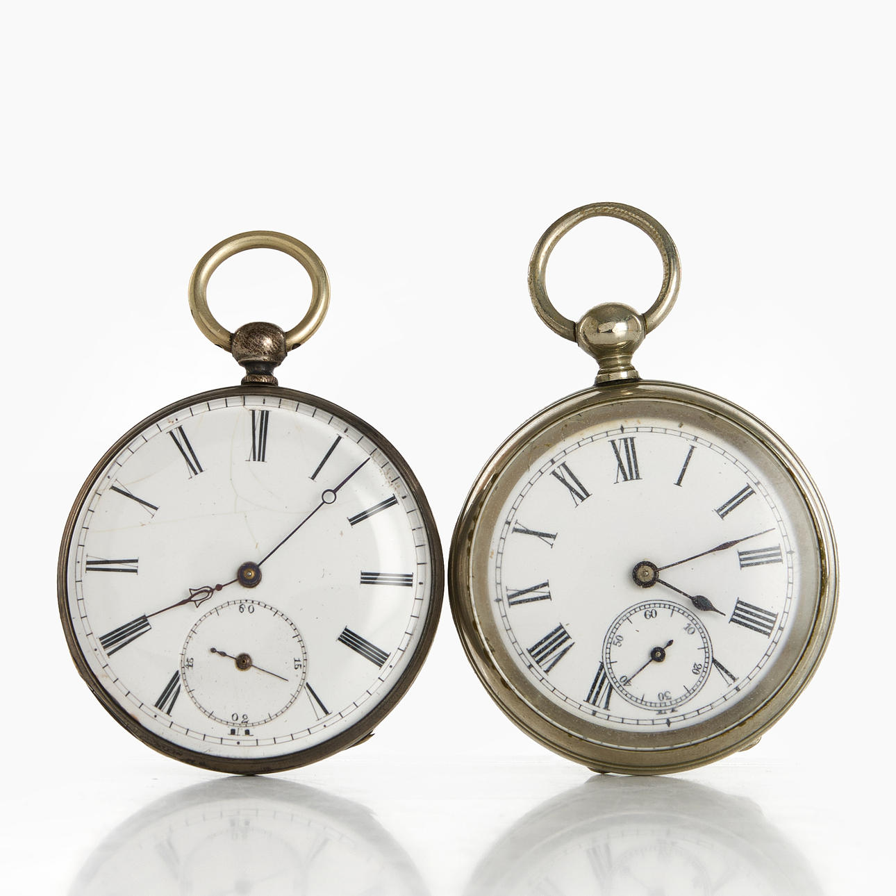 POCKET WATCH (2), white metal, key chain.