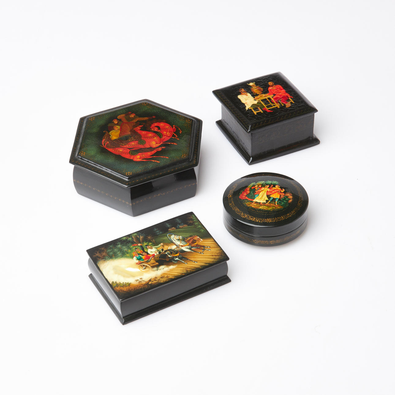 LACQUER BOXES. 4 pcs, Russia, signed and one dated 1993.