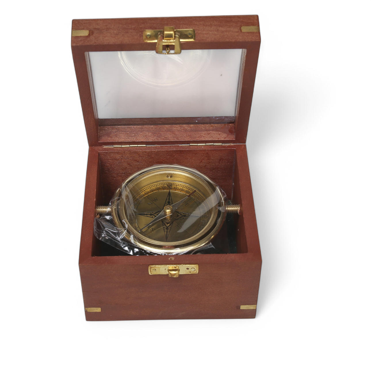 KOMPASSI, Gimbal-kompassi, messinki, puu, vasta valmistettu.