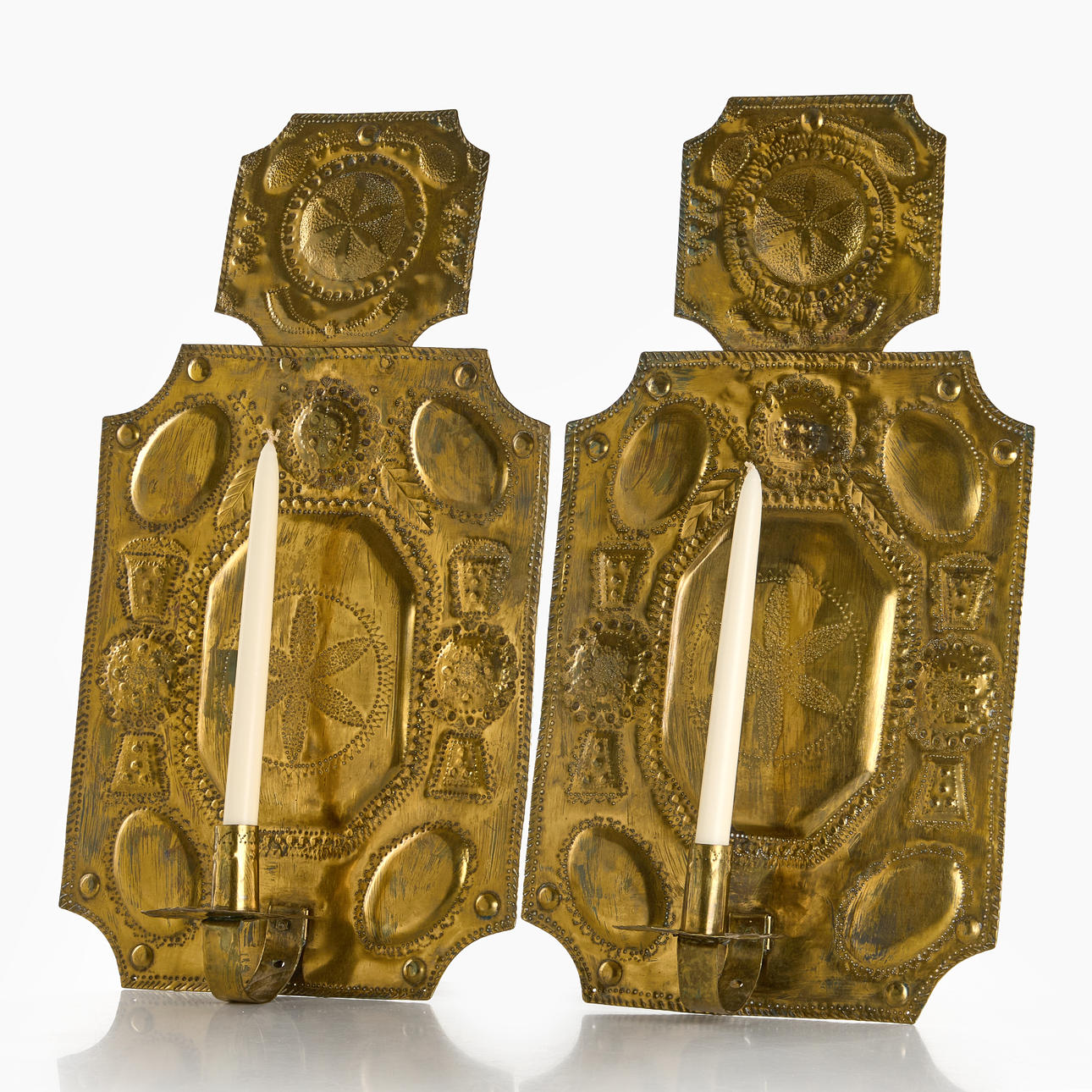 CANDLE PLATES, a pair, Baroque style, brass, needlework, for wall.