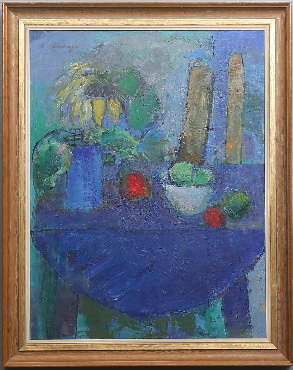 LOLO HOLMQVIST. Stilleben med äpplen och solros. Olja på duk.