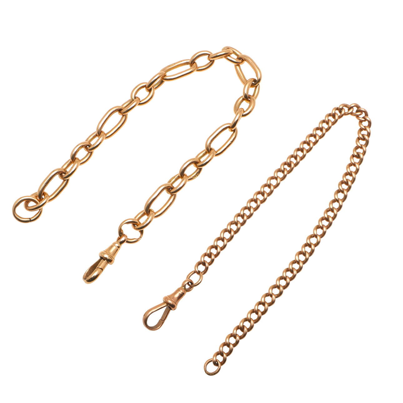 A 9CT GOLD WATCH CHAIN.