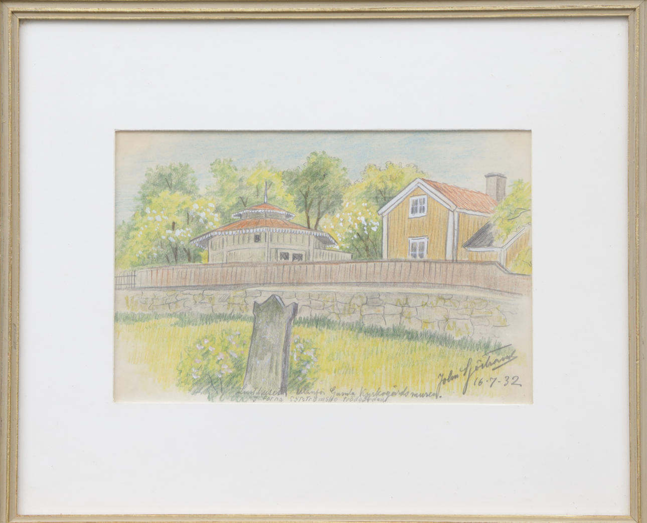 JOHN SJÖSTRAND. A drawing, chalk, Gamla Kyrkogårdsmur, signed, 1932.