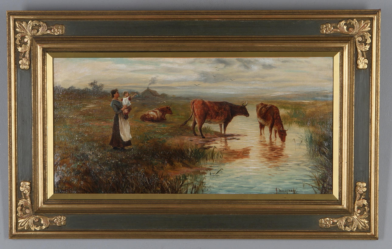 OKÄND KONSTNÄR (TROL. ENGLAND). Pastoralt landskap med betande kor samt kvinna med barn, olja på duk, signerad J. Muspratt?