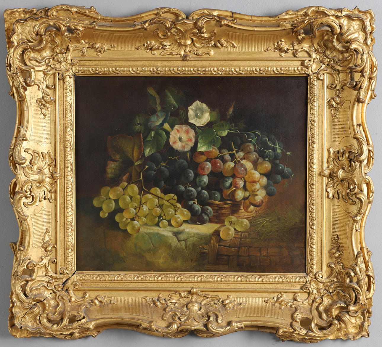 WILLIAM DUFFIELD (1816-1863). STILL LIFE OF GRAPES AND FLOWERS IN A PANIER UPON A LEDGE.