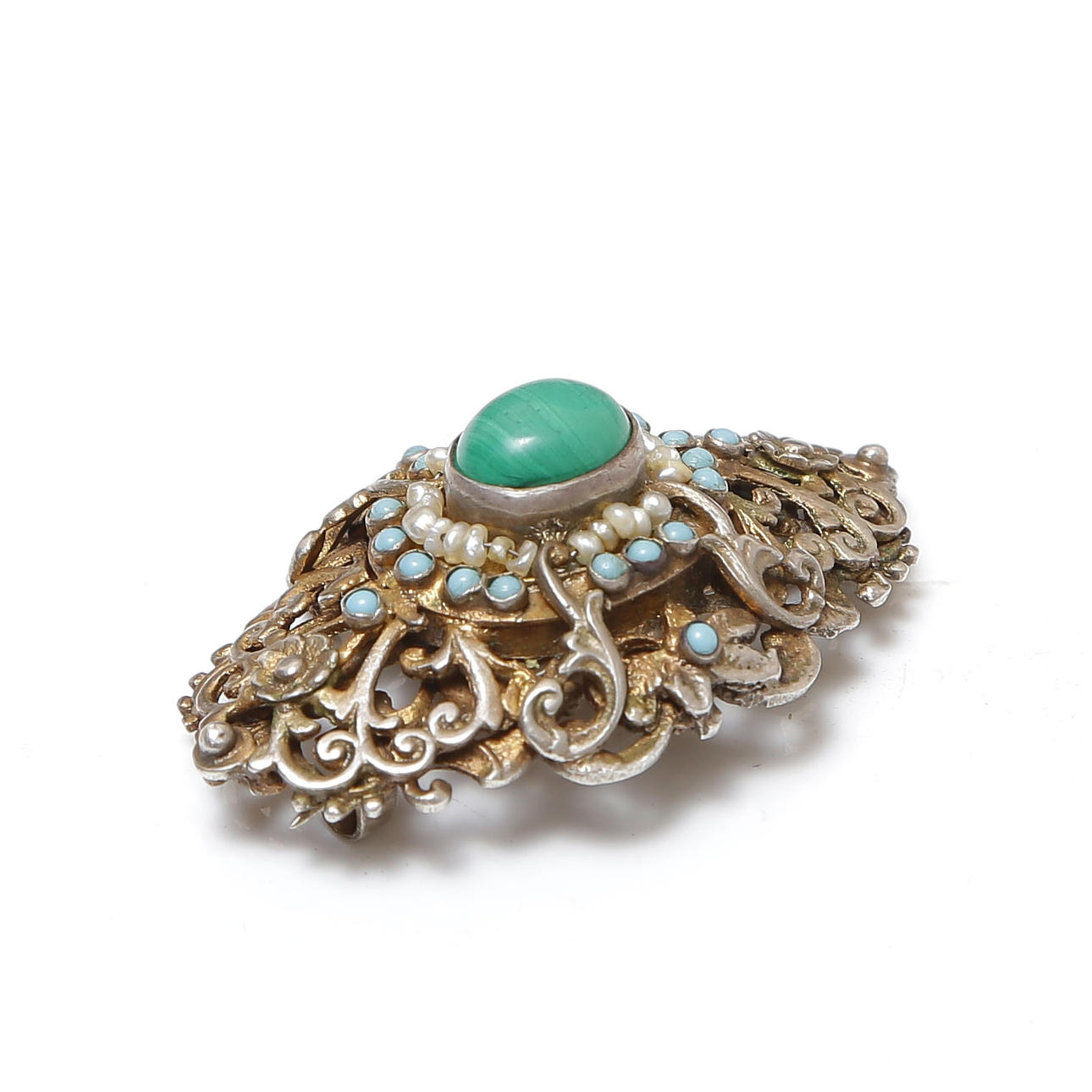 BROSCH, FÖRGYLLT SILVER, MALAKIT, 1800-TAL.