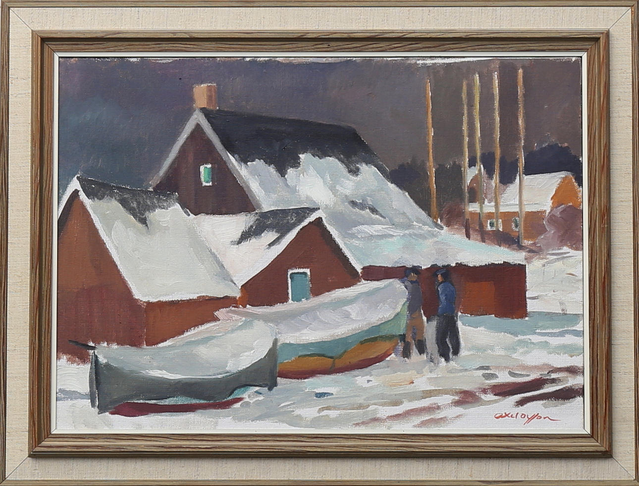 AXEL OLSSON. Vinter i fiskeläge, olja på duk, signerad.