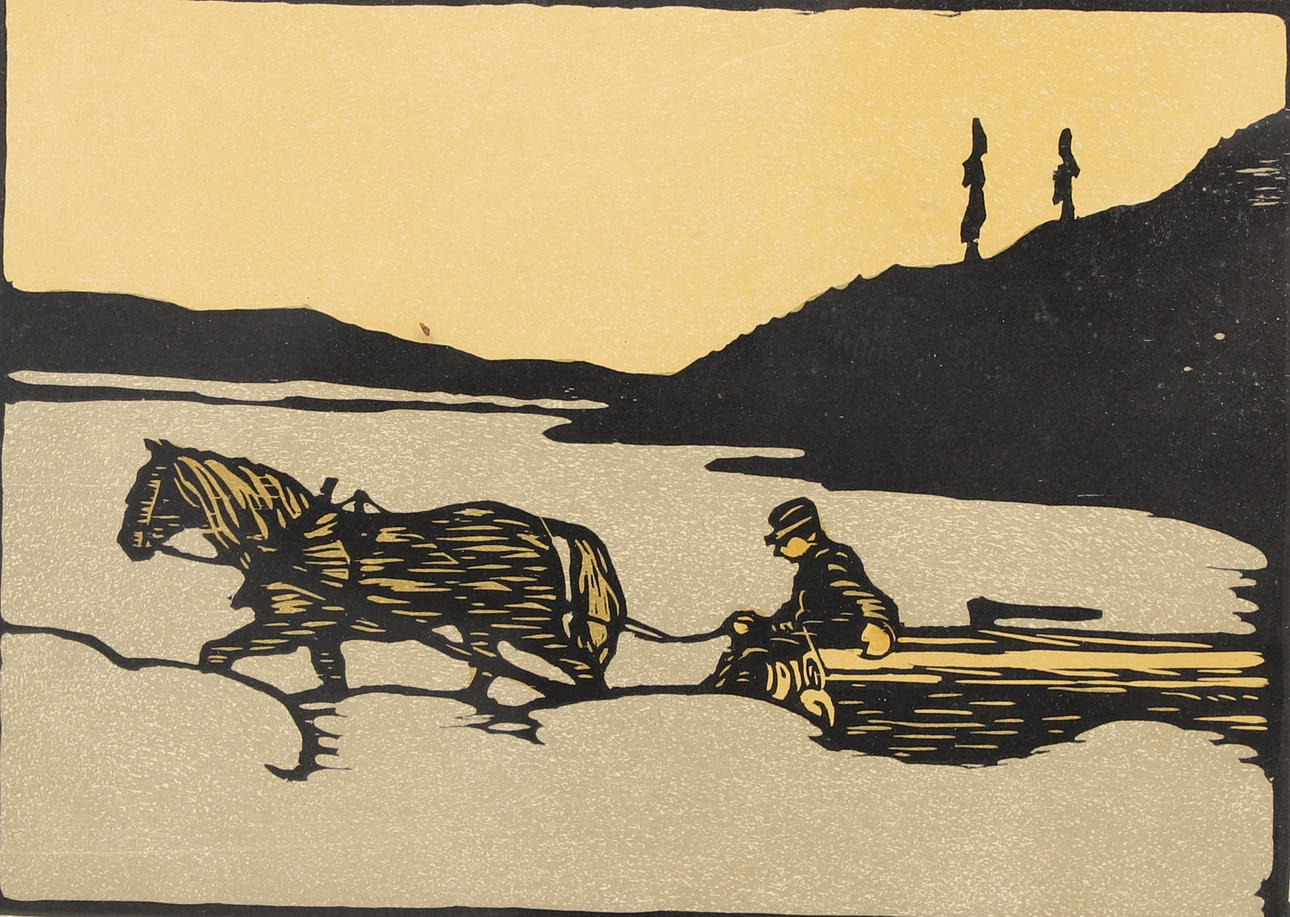 VICTOR JERNBERGH. Original woodcut, “Timber driver”, signed.